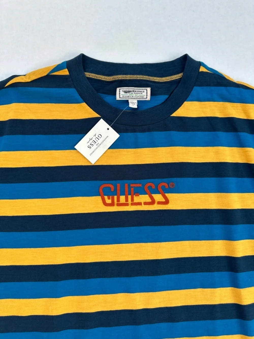 New GUESS Men's Navy, Blue & Yellow Bold Striped  Shirt SZ L - Picture 4 of 5
